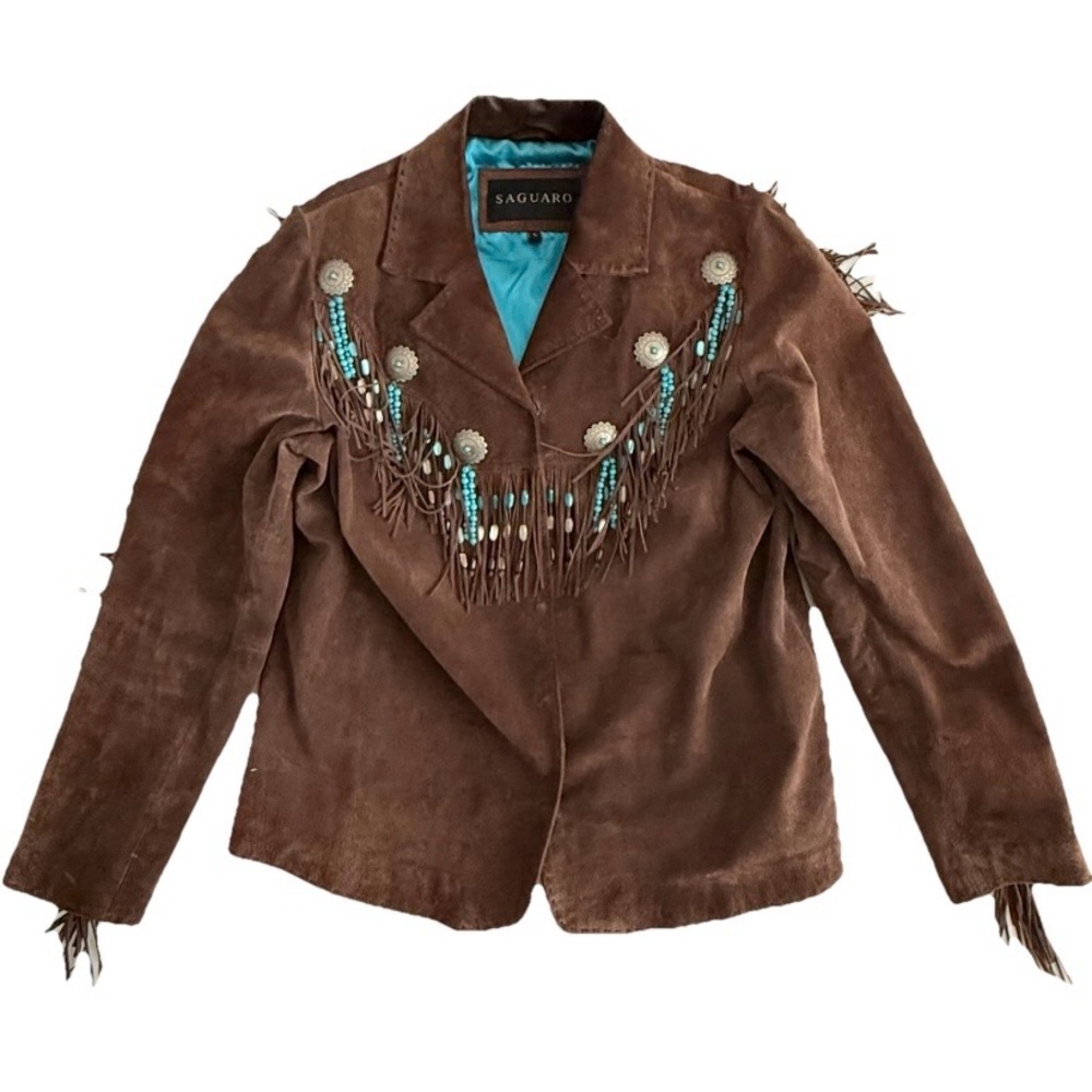 Vintage SAGUARO Brown Suede Leather Beaded Fringe Cowboy Western Jacket Size L - Picture 1 of 16
